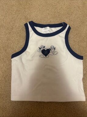 Zara White Tank Top with Navy Trim and Cherub Heart Graphic